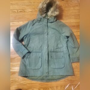 L.L. Bean Organic Cotton Parka  Olive Utility Jacket with Faux Fur Hood Sz XL